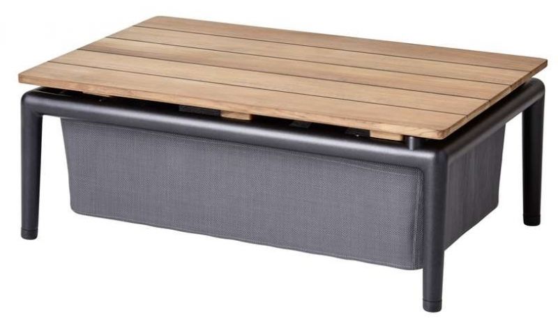 Conic Outdoor Box Tisch von Cane-Line: Gartentisch mit Teakholzplatte und grauem Stauraum.